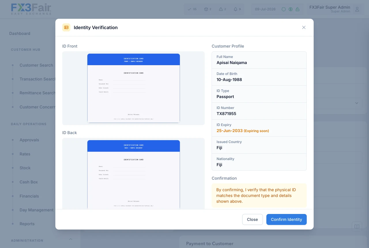FX3Fair identity verification screen with ID document front and back side by side and profile match confirmation