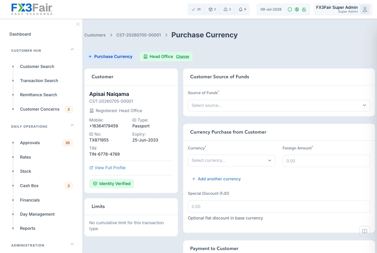 FX3Fair purchase currency screen with verified customer badge, rate and amount fields, discount option, and transaction limits panel