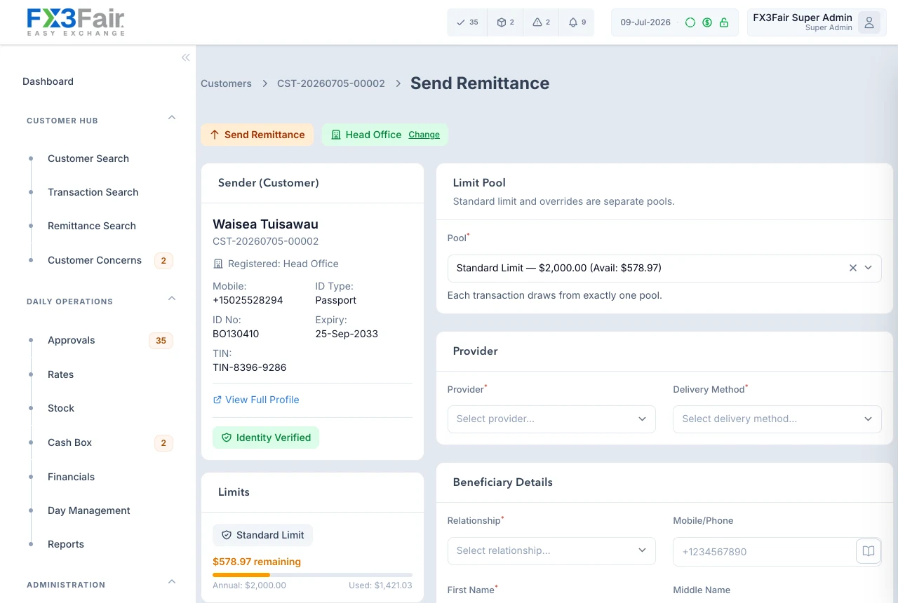 FX3Fair send remittance screen showing limit pool with remaining-limit meter, delivery method, and beneficiary details